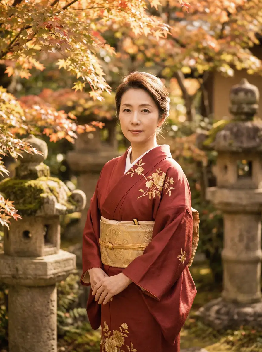 一位身穿暗红色和服的优雅 超清无码波多野吉衣与黑人 在日式庭院中